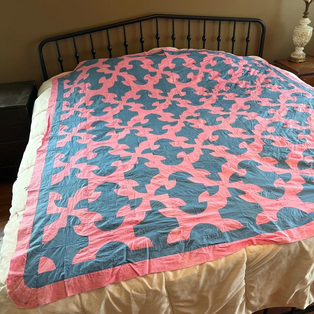 Vintage 1941 Dunkard's Path Pink Blue Handmade Quilt Top 72x80 farmhouse cottage
